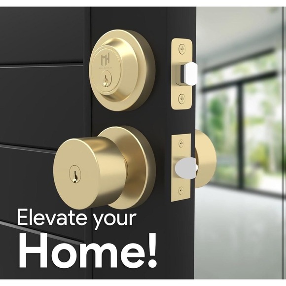 Mega Handles Buena Entry Combo Satin Brass Door Knob Deadbolt Lock Set Keys - Picture 2 of 13